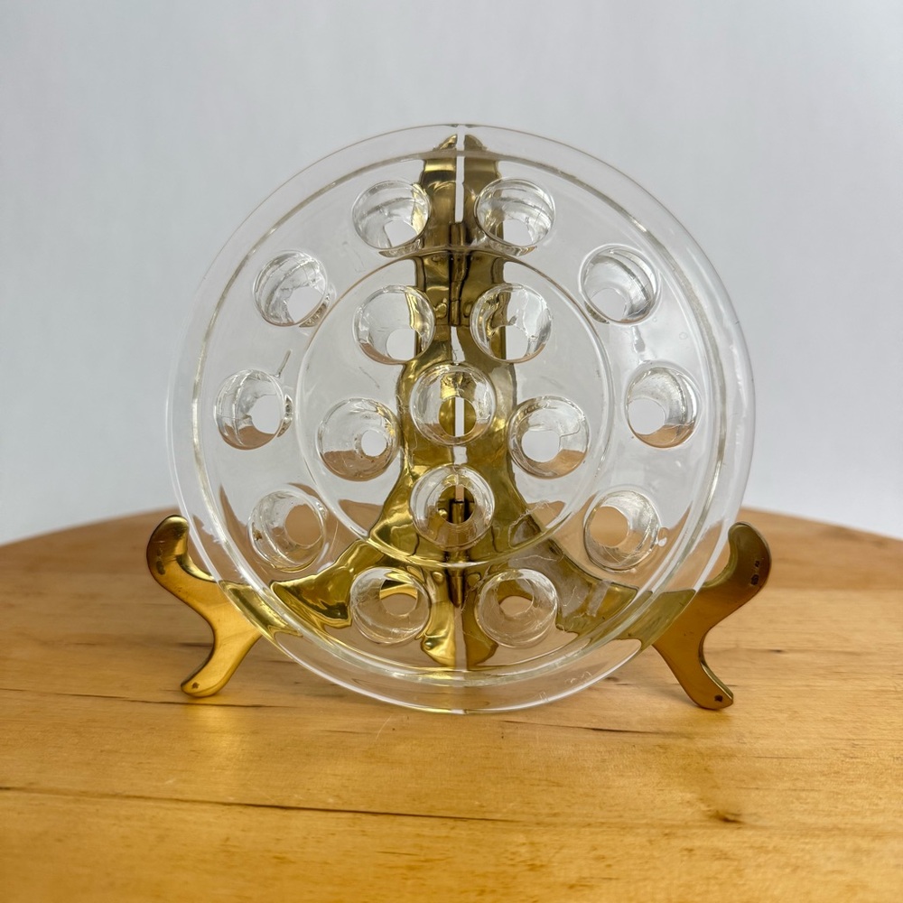 Vintage Clear Glass Round Flower Frog 16 Holes 5" Diameter Pique Fleur Vase Lid